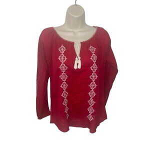 LUCKY BRAND Women's Size Medium Red Embroidered Tassel Lightweight Blouse